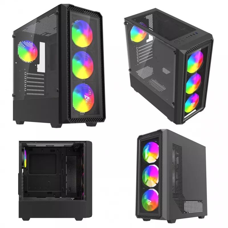 PC kuubikujuline korpus SAVIO Noctis Glass RGB — must, ATX/Micro-ATX, 210×410×450 mm, 3×120 mm esiventilaatorid