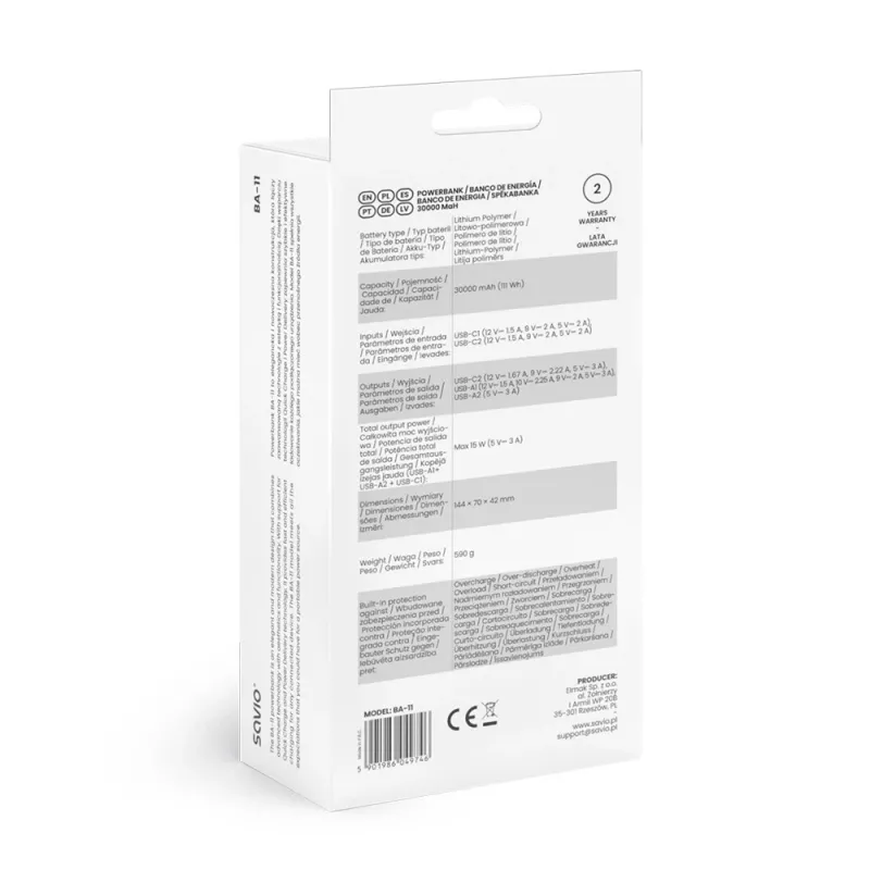 SAVIO BA-10 akupank 30000 mAh (111 Wh), Li-ion, 2x USB-C, 2x USB-A, Quick Charge, Power Delivery