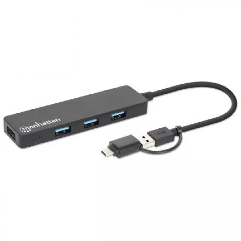 Manhattan USB-C & USB-A Combo Dock/Hub, pordid (4): USB-A (x4), 5 Gbps (USB 3.2 Gen1 ehk USB 3.0), USB-toitega (välist toiteallikat pole vaja)