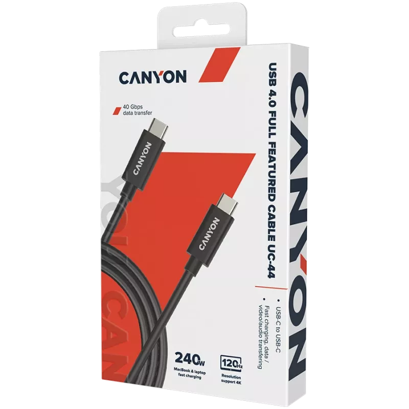 CANYON UC-44, kaabel, U4-CC-5A1M-E, USB4 USB-C kuni USB-C kaablikomplekt 40G 1m 5A 240W(ERP) koos E-MARKiga, CE, ROHS, must