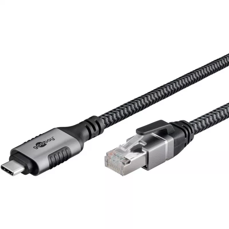 Ethernet-kaabel USB-C 3.2 Gen2 Plug > RJ-45 Plug, LAN-Adapter Must/Hõbedane, 1,5 Meter, braided textile jacket