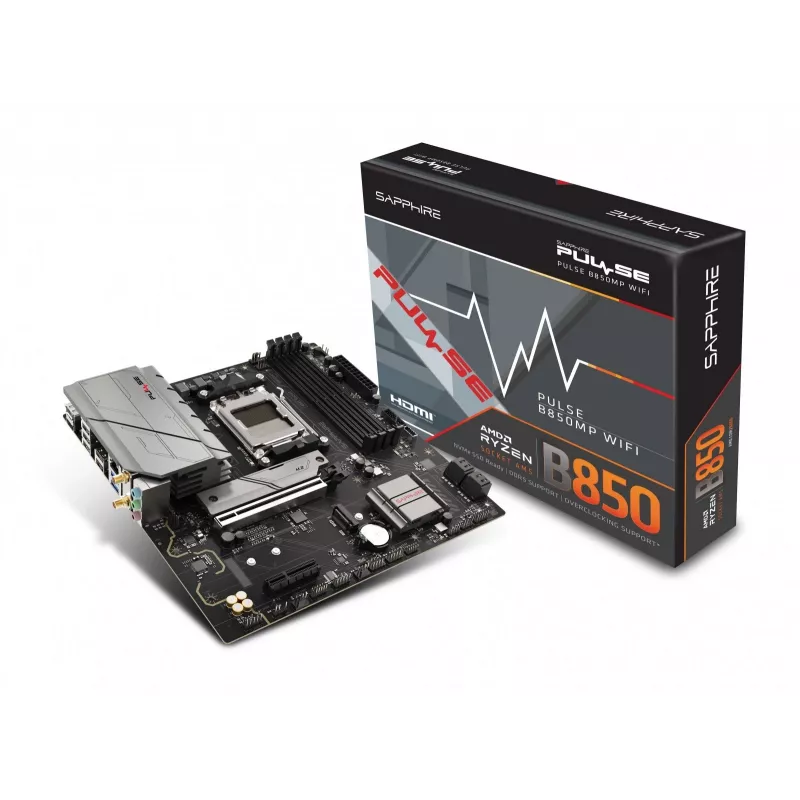 Emaplaat Sapphire PULSE B850M WIFI — AMD B850 micro ATX, Socket AM5, DDR5 kuni 7600 MHz, 4 DIMM, 192 GB, Wi‑Fi 6, 2.5GbE