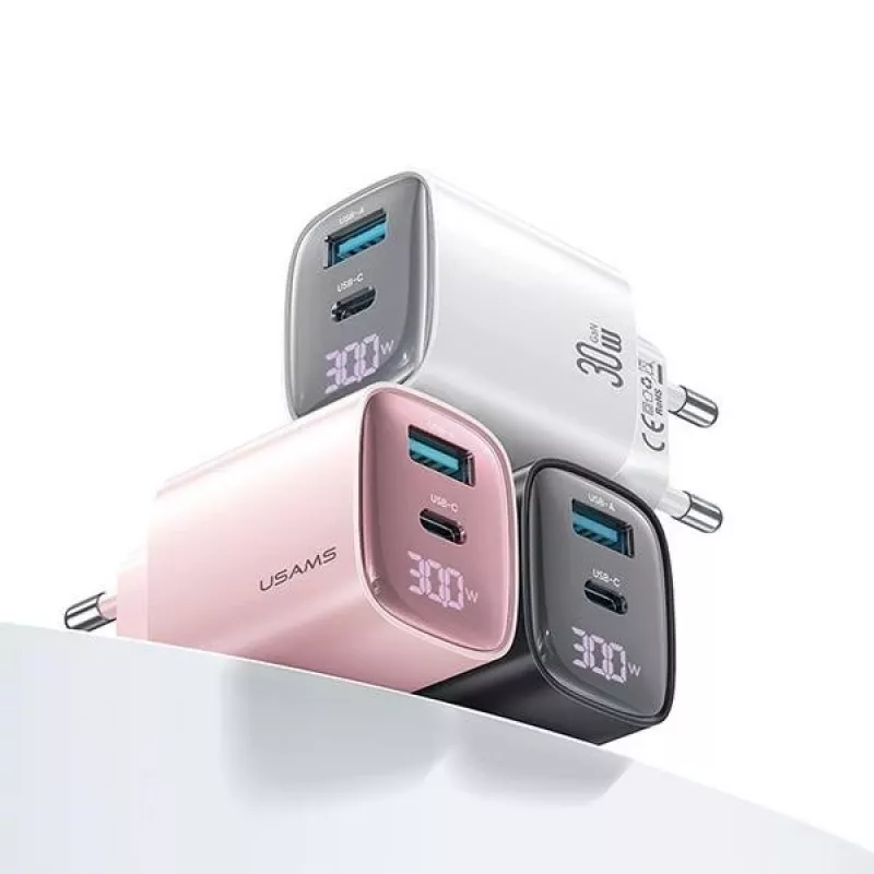 USB ja USB-C 30W GaN kiirlaadija usams CC229 valge — LED-indikaator, kompaktne disain
