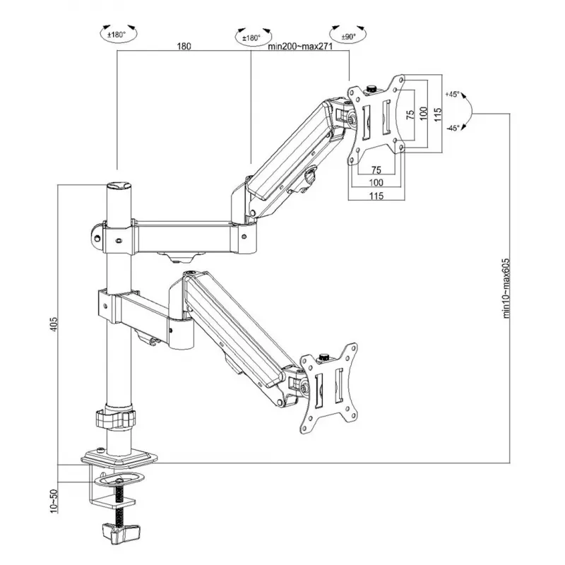 Maclean 2 monitori alus, gaasvedru, 17-32, 2-10kg, must, MC-136