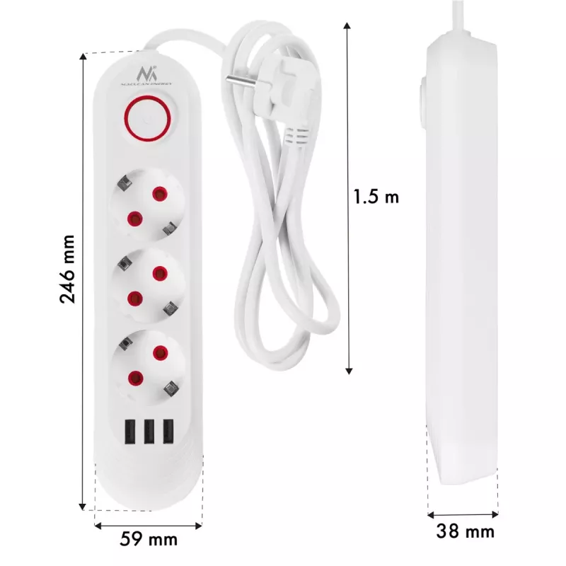 Pikendusjuhe MACLEAN MCE394W — 3 pistikupesa, 3×USB 2,1 A, 110–240 V AC, 2500 W, 1,5 m kaabel, valge