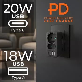 Toitejaotur MACLEAN MCE249 F/B — 2 vahelduvvoolupesa (16A + 6A) koos 2×USB-A ja 2×USB-C PD 20W, EL-pistik, must