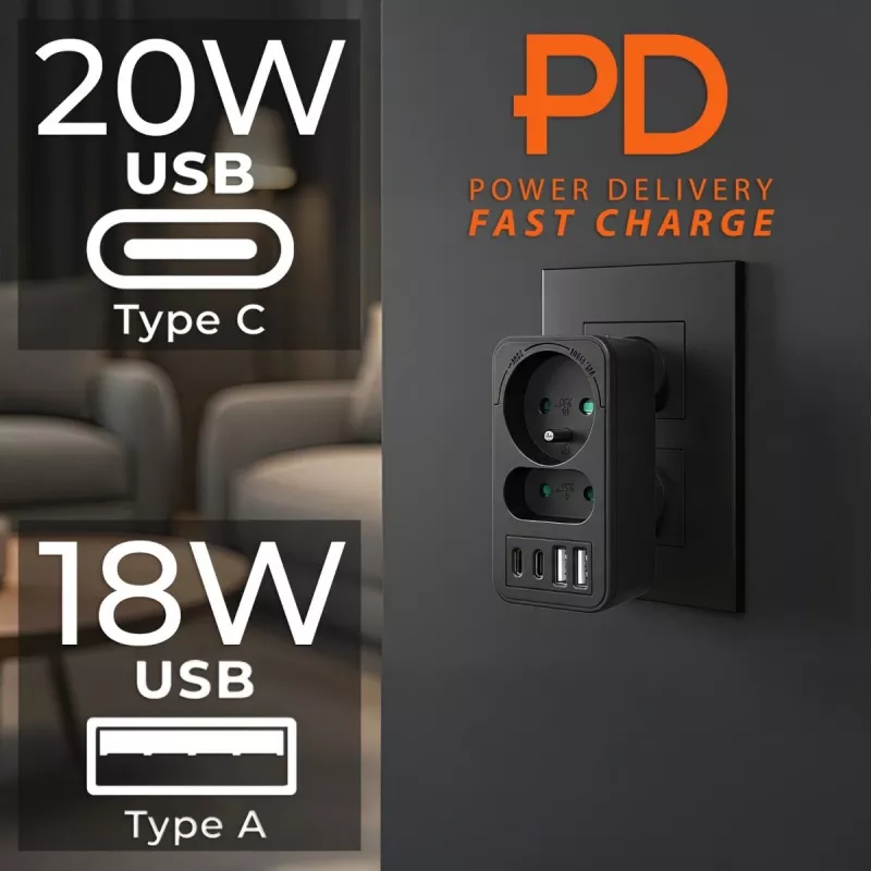 Toitejaotur MACLEAN MCE249 F/B — 2 vahelduvvoolupesa (16A + 6A) koos 2×USB-A ja 2×USB-C PD 20W, EL-pistik, must