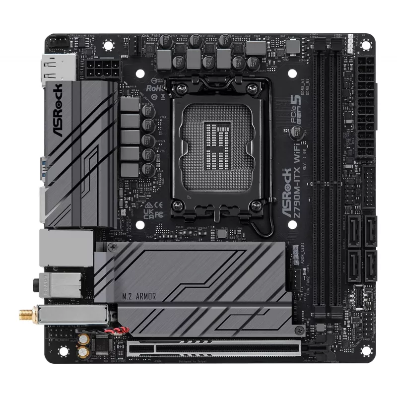 Emaplaat ASRock Z790M-ITX WiFi — Intel Z790, LGA 1700, mini ITX, DDR5, 2x DIMM, 64 GB, 2,5Gb LAN, Wi‑Fi 6E