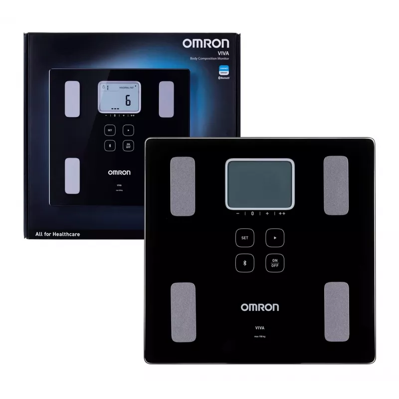 Elektrooniline isikukaal Omron VIVA — ruudukujuline, must, max 150 kg, 100 g täpsus, keharasv/BMI/BMR, 30 kasutaja mälu
