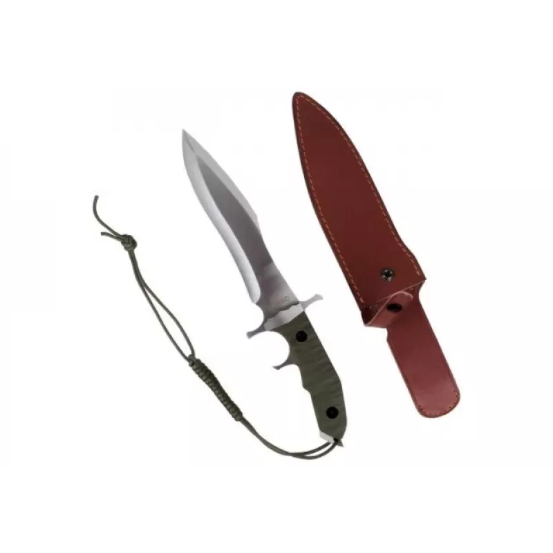 Fikseeritud nuga cinema classic CC-H5 Rambo V — Ellujäämisnuga, terasest tera 230 mm, kogupikkus 385 mm, polümeerist roheline käepide, nahast ümbris