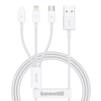 USB-kaabel Baseus SUP0003529 — USB 3.2 Gen 1 (3.1 Gen 1), 1 m, USB-A kuni USB-C / Micro USB-A / Lightning, valge