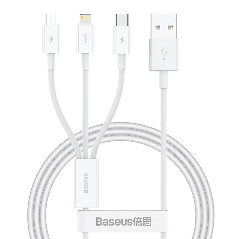 USB-kaabel Baseus SUP0003529 — USB 3.2 Gen 1 (3.1 Gen 1), 1 m, USB-A kuni USB-C / Micro USB-A / Lightning, valge