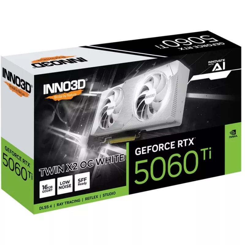 Videokaart Inno3D GeForce RTX 5060 Ti — 16 GB GDDR7, PCIe 5.0, 448 GB/s, 250 mm, 2 pesa, valge