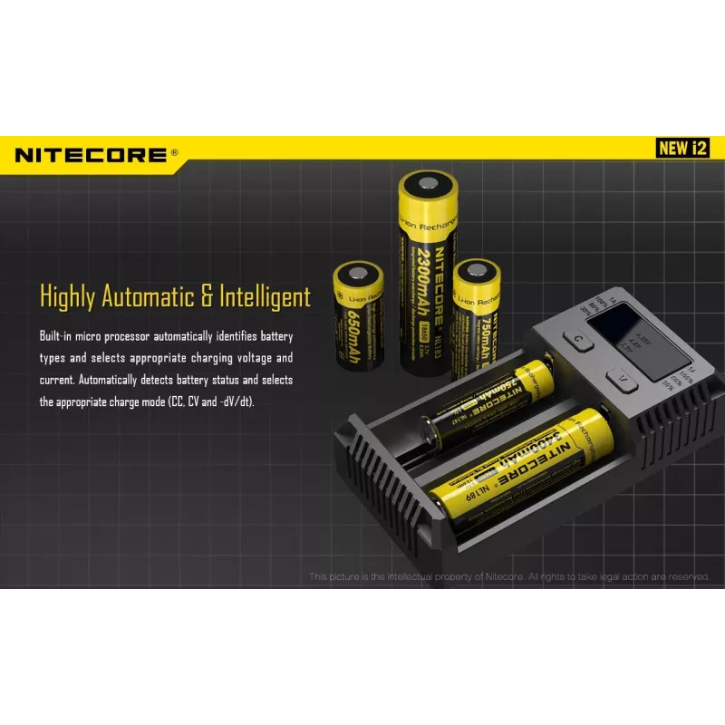 Akulaadija Nitecore NEW i2 — 2 pesaga laadija LiFePO4, Li-Ion, NiMH akudele; sisend 100–240V; väljund 9–12V; toetab AAAA/C/D/AAA/AA; must
