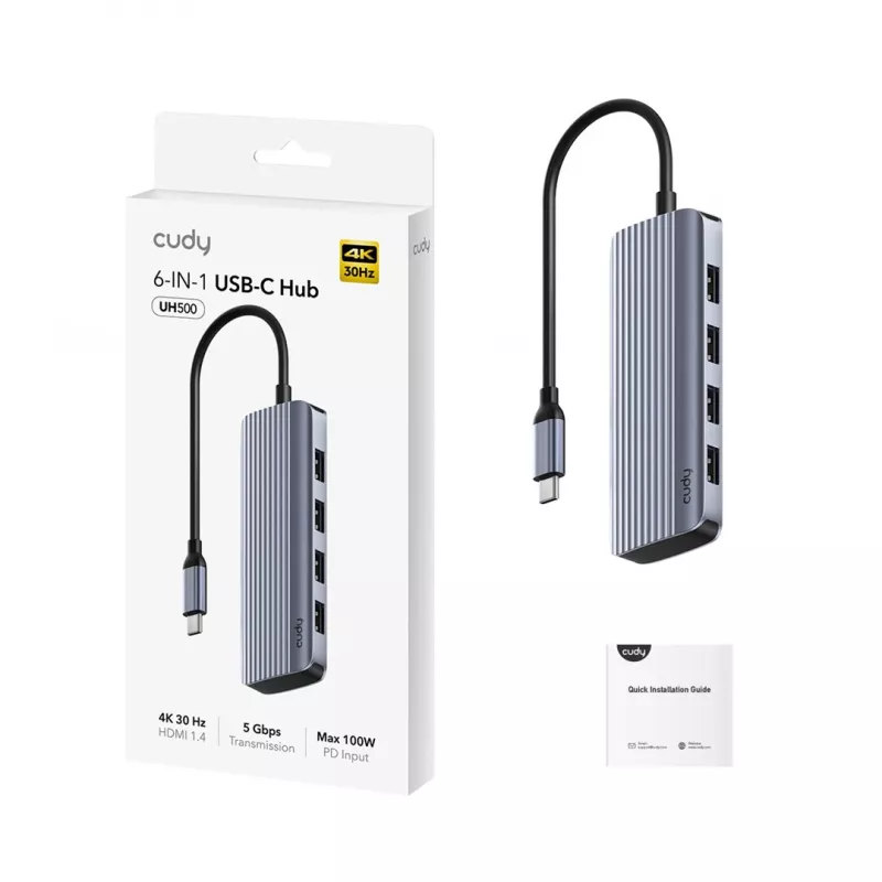 USB-C jaotur Cudy UH500 — USB 3.2 Gen 1 USB-C host, 6 porti, sh USB 3.2 Gen 1 Type-A ja HDMI, 5000 Mbit/s, hall/hõbedane