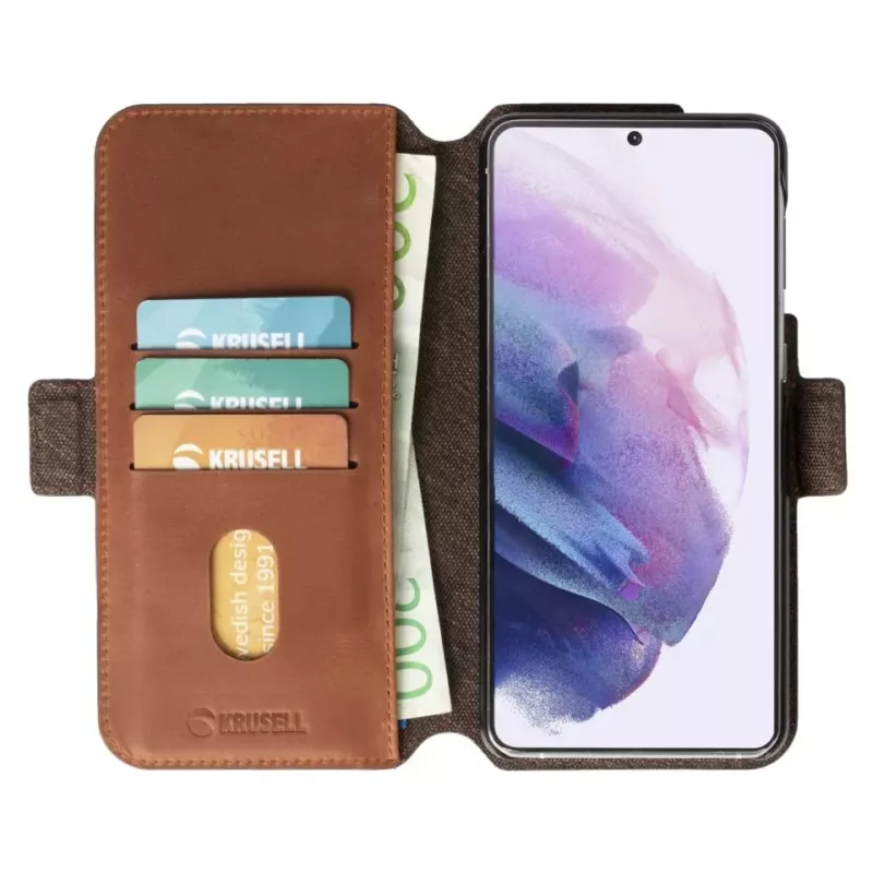 PhoneWallet Krusell Samsung Galaxy S21+ vintage cognac — rahakotistiilis telefonikohver