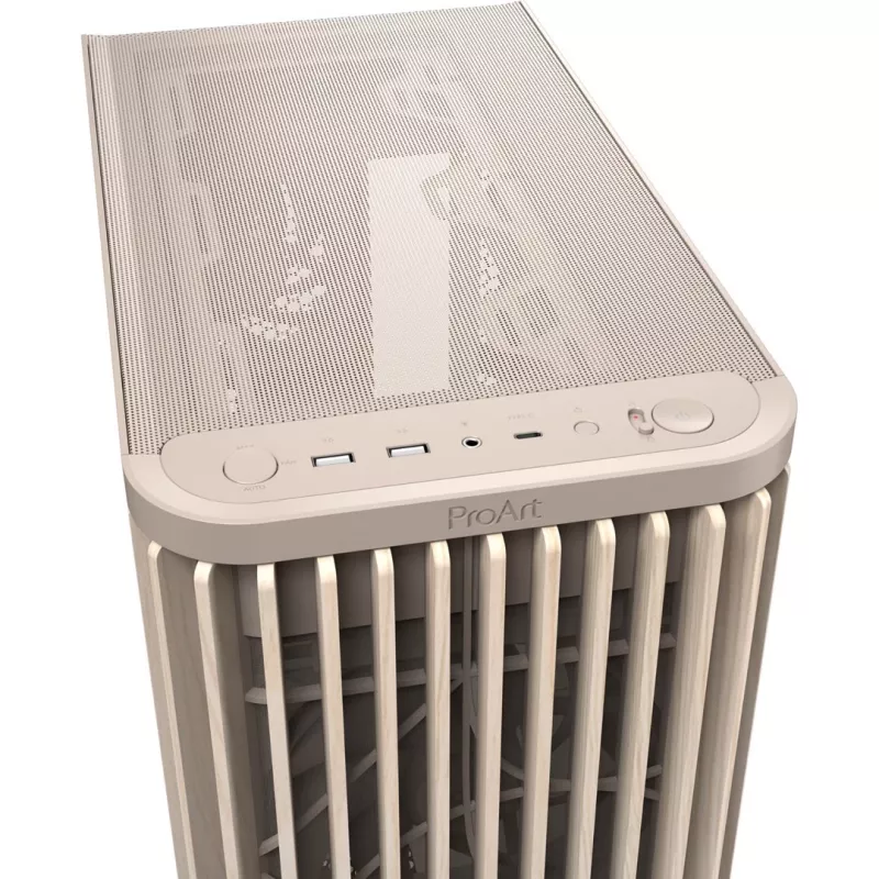 Arvutikorpus ASUS PROART PA401 WOOD TG PWM BEIGE – ATX, 503×225×412 mm, 2×3,5 tolli / 2×2,5 tolli, GPU kuni 315 mm