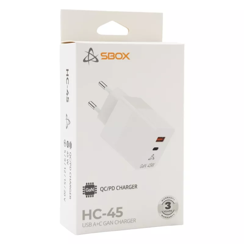 SBOX Home Charger HC-45 45W GaN kahesisendiga seinakaasaskantav laadija