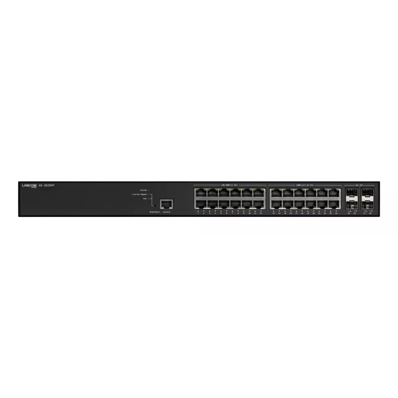 Hallatav LANCOM GS-3628XP kommutaator, 24× 2.5G RJ-45 porti, PoE, L2/L3, 1U raamile paigaldatav