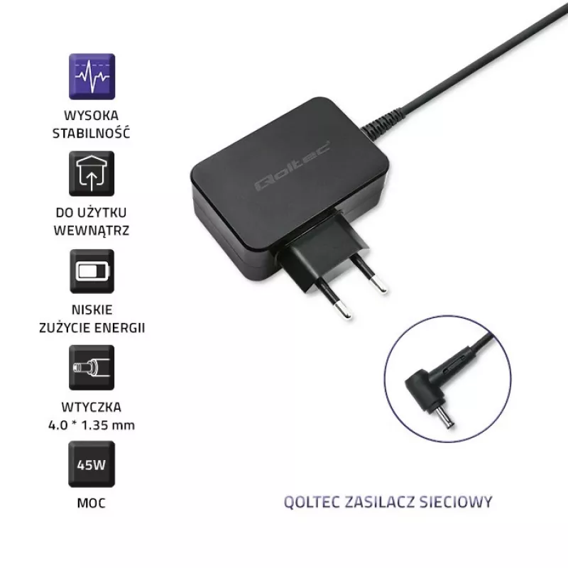 Toiteadapter QOLTEC 45W 19V kaasaskantavatele seadmetele — asendusadapter 45 W 19 V