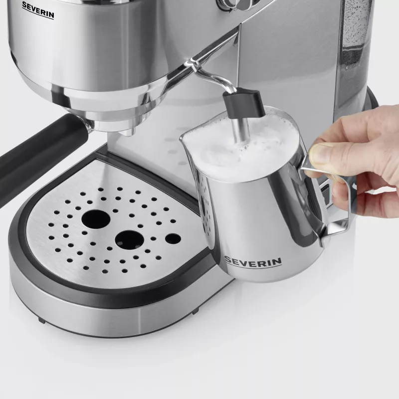Espressomasin SEVERIN Newspresa KA 5997 — poolautomaatne, 1 L veepaak, 1350 W, kohviveski, must/harjatud teras/kroom