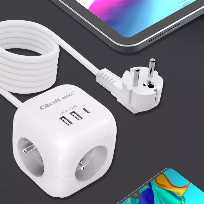 Toitepistik QOLTEC 52547 3× vahelduvvoolupistikupesa, 2× USB-A, 1× USB-C PD 20W
