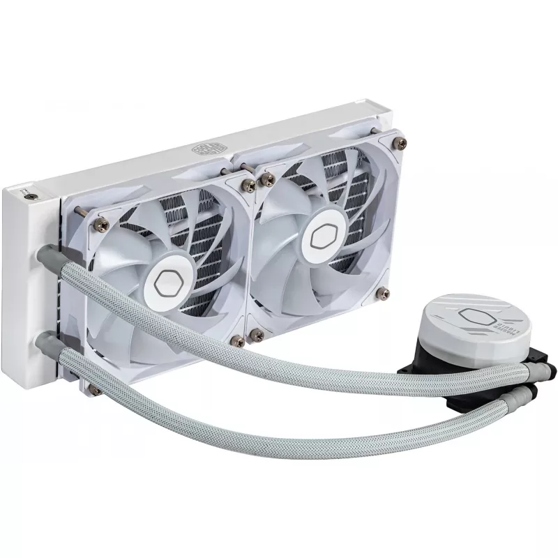 Vedelikjahutuskomplekt Cooler Master MasterLiquid 240L Core ARGB Valge — 240 mm radiaator, 120 mm ventilaatorid, toetab LGA1700/AM5/AM4 ja vanemaid pesasid