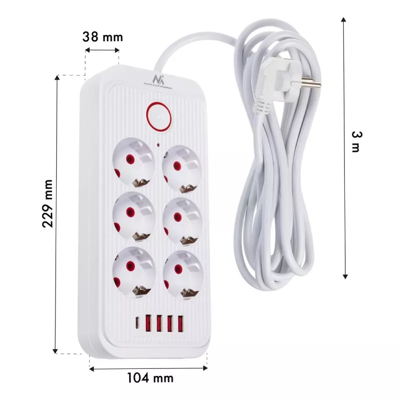 Pikendusjuhe MACLEAN MCE391 W — 6 pistikupesa, 4×USB-A + 1×USB-C, 3 m kaabel, 110–240 V, 2500 W, valge