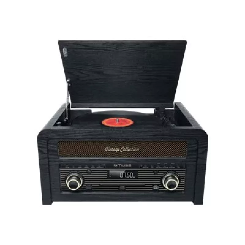 Plaadimängija muse MT-115 W — must/kuldne, 33-45-78 RPM, J-kujuline toonhoob, pöörlev helitugevus, 240 V AC