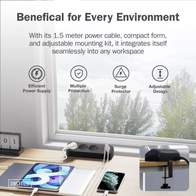 Pistikupesa DIGITUS 3-suunaline 2×USB-A ja 1×USB-C, 3 vahelduvvoolu pistikupesa tüüp E/F, 1,5 m kaabel, must
