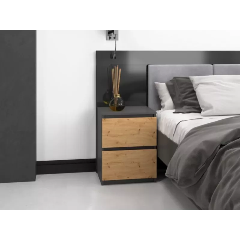Topeshop W2 ANTRACYT/ARTISAN nightstand/Öökapp 2 sahtel(s) antratsiit, tamm