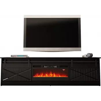 TV-kapp kaminaga Cama Meble GRANERO mudel — 200 x 56,7 x 35 cm, must/must läige, 2 ust, 2 riiulit, lükanduksed, MDF/puitlaastplaat