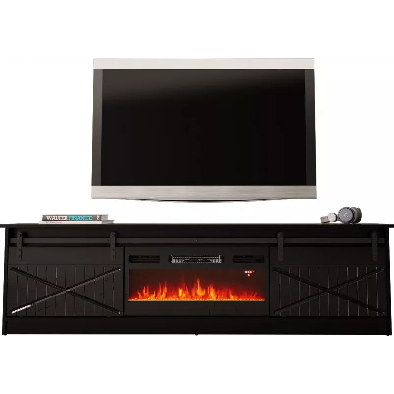 TV-kapp kaminaga Cama Meble GRANERO mudel — 200 x 56,7 x 35 cm, must/must läige, 2 ust, 2 riiulit, lükanduksed, MDF/puitlaastplaat