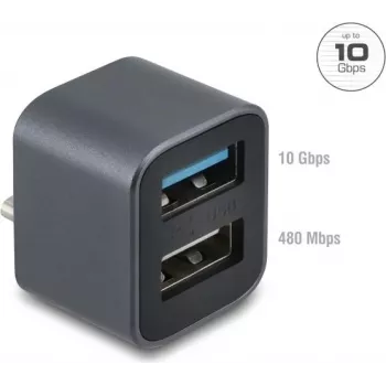 DELOCK Mini USB-jaotur USB USB-C pistikuga 1x USB 10 Gbps Type-A ja 1x USB 2.0 Type-A (mudel 64359)