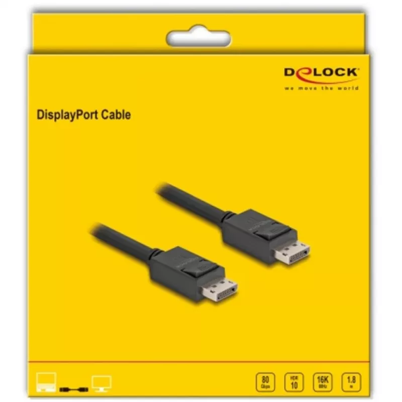 Delock - DisplayPort-kaabel - DisplayPort (M) lukustusega DisplayPort (M) lukustusega - DisplayPort 2,1 - 1,8m - Toetab 16K 60 Hz (15 360 x 8640), kuni 80 Gbps andmeedastust