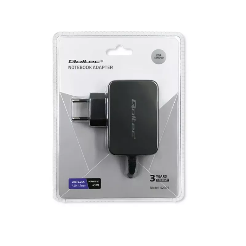 Toiteadapter QOLTEC 45W 20V 2.25A kaasaskantavatele seadmetele, mudel 52393