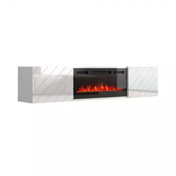 TV-kapp cama meble LUXE 1826×345×375 mm valge läikiv sisseehitatud musta elektrikaminaga (1400–1600 W)
