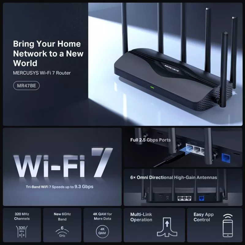 Lauaruuter MERCUSYS MR47BE — kolmeribalane Wi‑Fi 7 (2,4/5/6 GHz), 9300 Mbps, 3× RJ‑45, 2,5GbE, 6 välist antenni