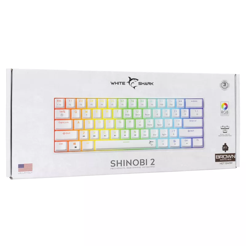 Mehaaniline klaviatuur White Shark Shinobi-2 Brown Switch US layout — kompaktne disain, pruunid lülitid