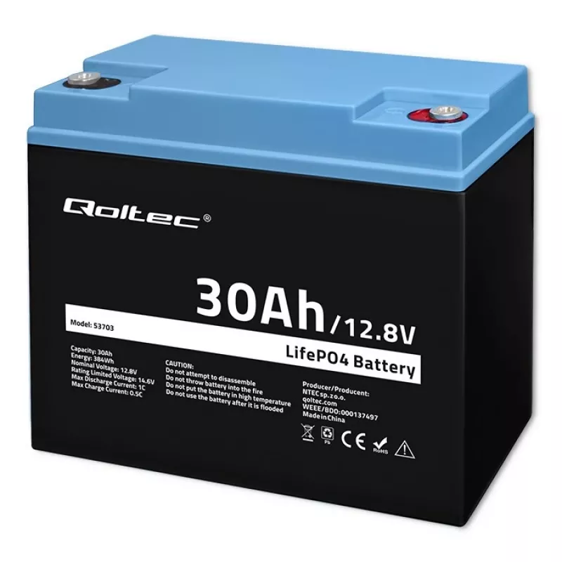 Laetav LiFePO4 aku QOLTEC 12.8V 30Ah 384Wh koos BMS-iga
