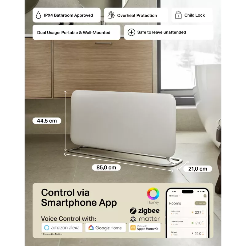 Mill WiFi-paneelkütteseade | PA1500WIFI4A | Paneelkütteseade | 1500 W | Sobib ruumidele kuni 22 m² | Valge | IPX4