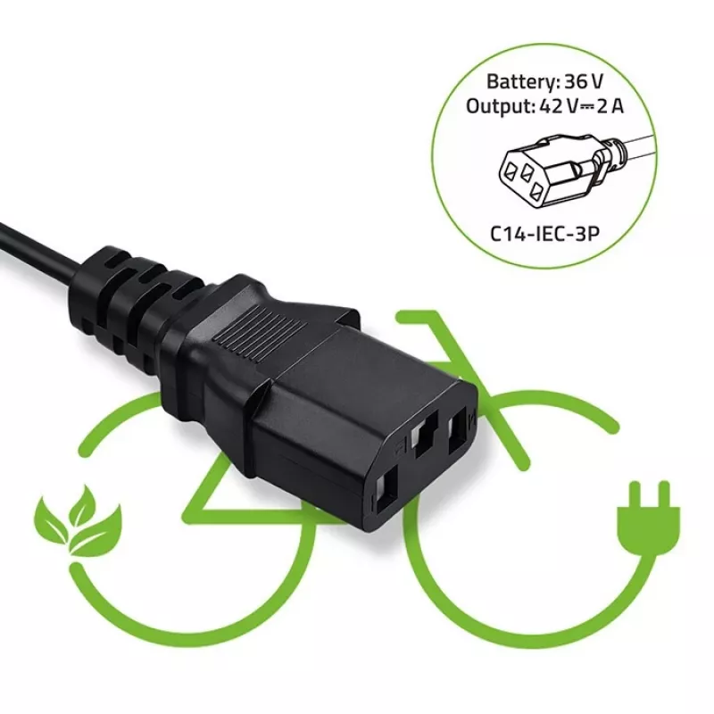 Laadija QOLTEC 36V–42V 2A C14 IEC 3-kontaktilise pistikuga e-jalgratta akudele