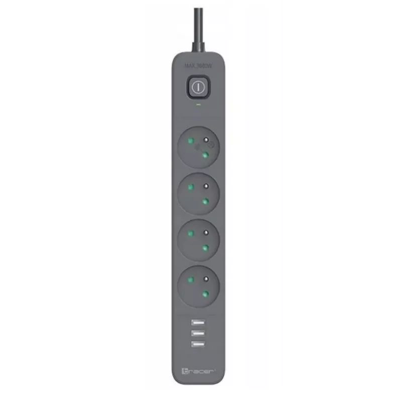 Power Line+ mobiilivalmis liigpingekaitsega pikendusjuhe 1,5 m (4 pistikupesa + 3x USB A, 5V 2,4A)