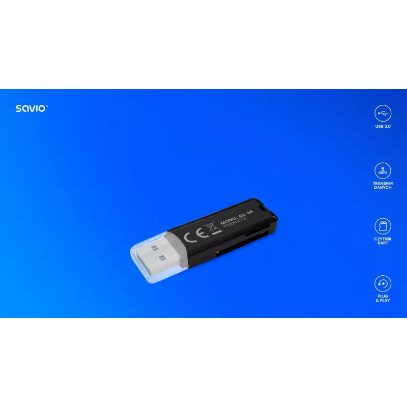 Kaardilugeja SAVIO AK-64 USB 3.2 Gen 1 Type-A väljund, MicroSD pesa, 5000 Mbit/s, must