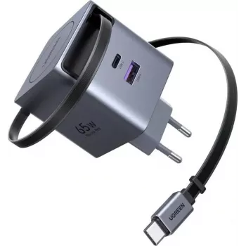 UGREEN X615 65W GaN kiirlaadija 1x USB-C, 1x USB-A ja sissetõmmatava kaabliga (mudel 65825)
