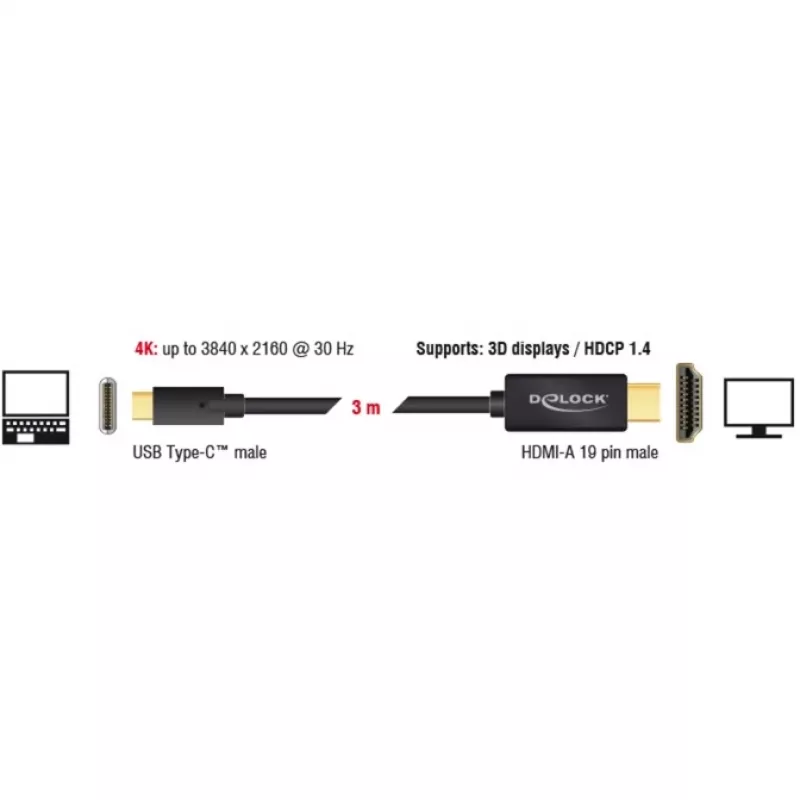 Video kaabliadapter DeLOCK 85260 USB USB-C HDMI 3 m Must