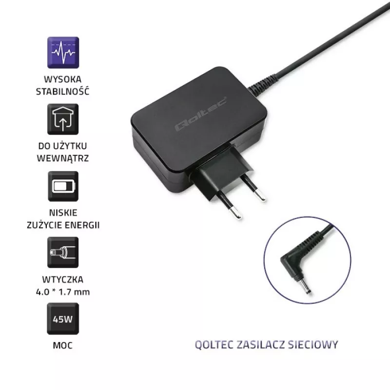 Toiteadapter QOLTEC 45W 20V 2.25A kaasaskantavatele seadmetele, mudel 52393
