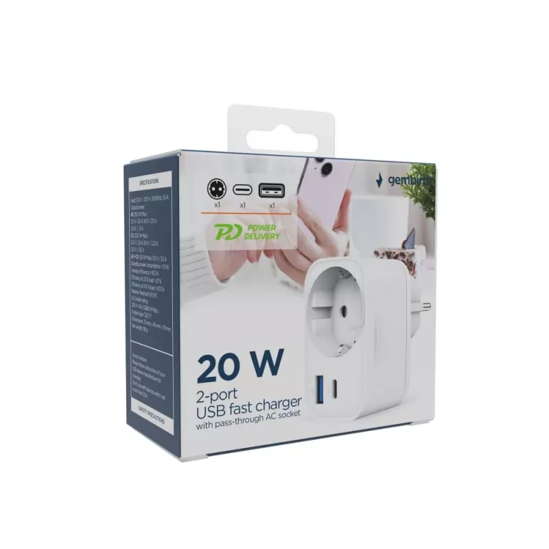 CHARGER USB UNIVERSAL 20W WHT/2P AC TA-ACPDQC20-01-W GEMBIRD