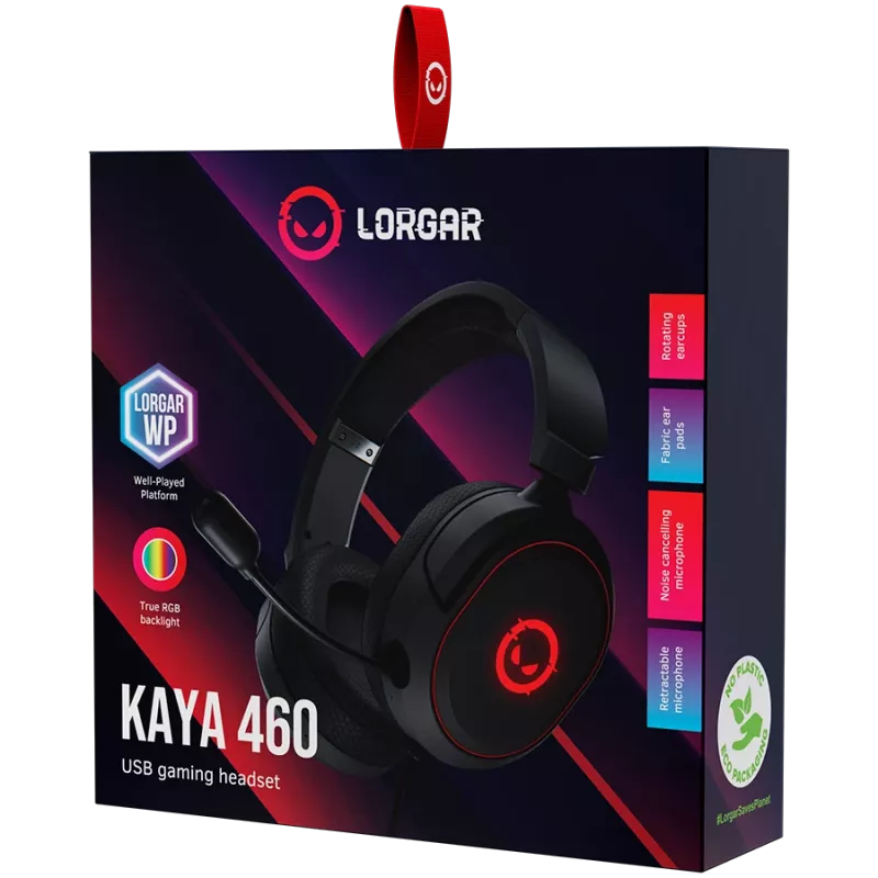 LORGAR Kaya 460, USB-mängupeakomplekt mikrofoniga, CM108B, RGB-taustvalgustus, Plug&Play, USB-A ühenduskaabel 2m, riidest kõrvapadjad, suurus: 192*184,7*88mm, 0,329kg, must
