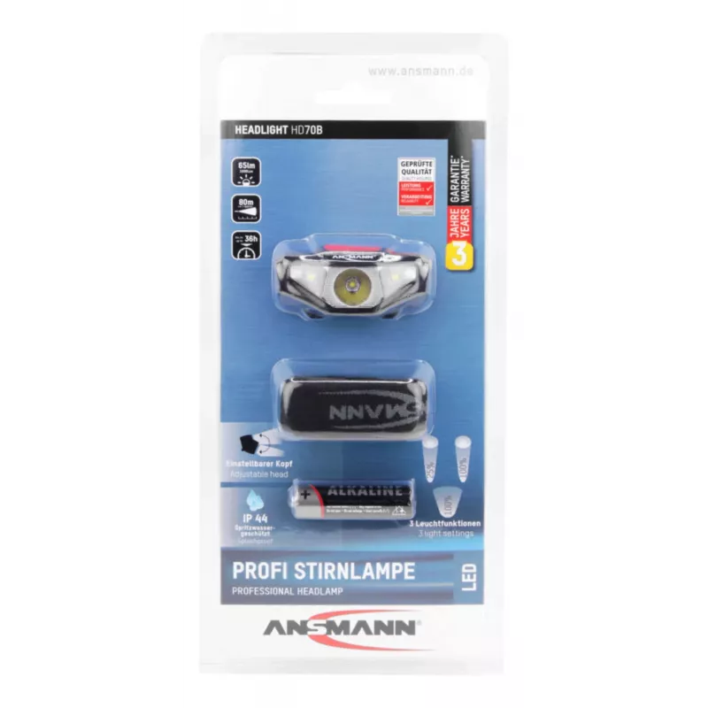 Ansmann HD70B - peapaelaga taskulamp - Must - akrüülnitriilbutadieenstüreen (ABS) - Plast - IP44 - LED - 1 lampi